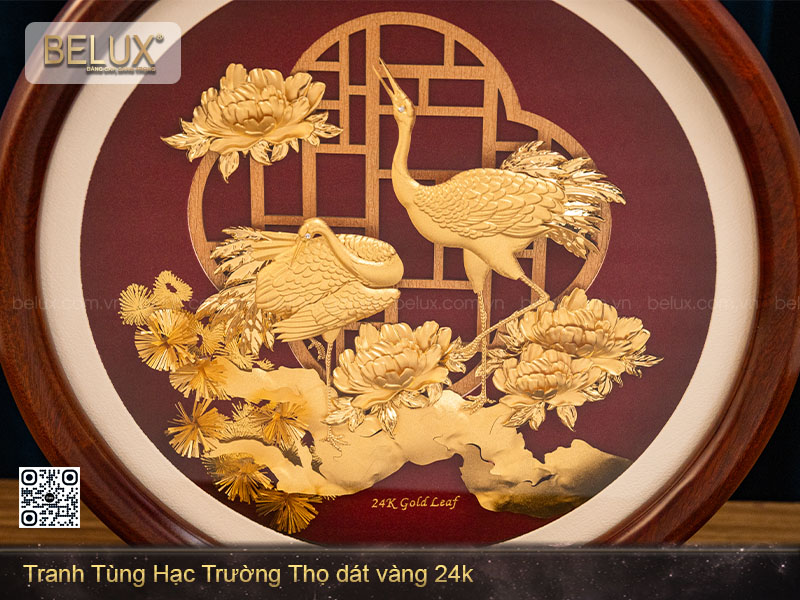Tranh Tùng Hạc Trường Thọ&nbsp;Dát Vàng 24k D27